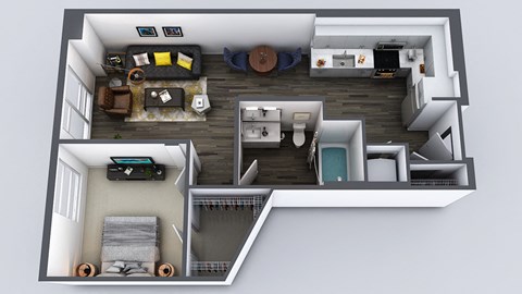Floor plan for 1 bed, 1 bath, 807 sqft